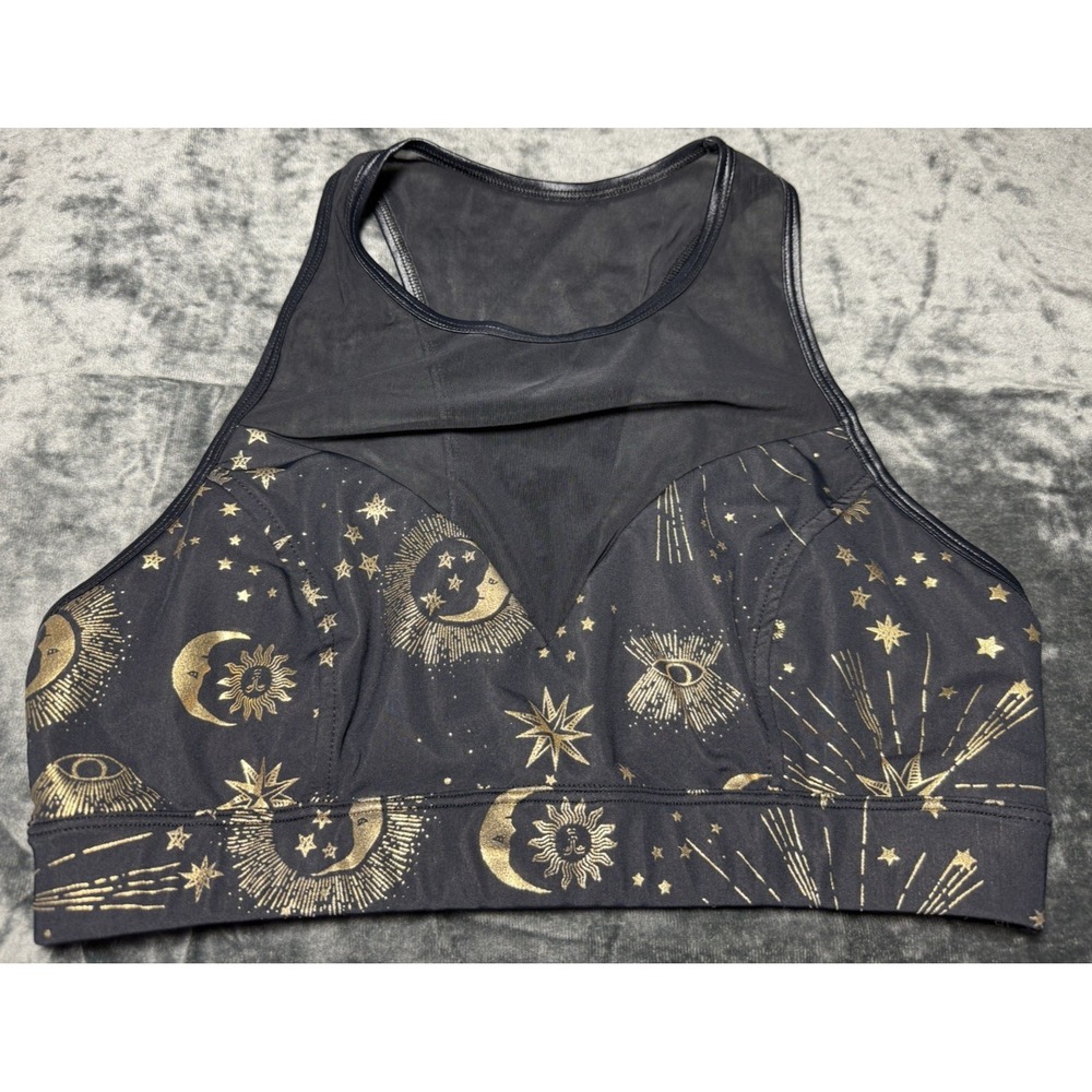 Carbon 38 Bra Cosmic Mesh MEDIUM Black Gold Celestial Faux Leather Sports Bra
